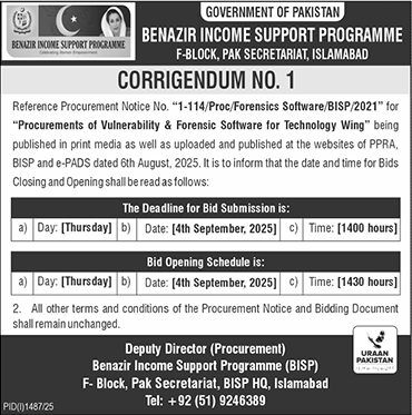 Benazir Income Support Programme Islamabad Tender Notice